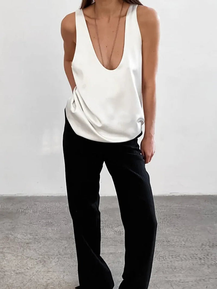 Satin Tank Top – Women's Plunging U-Neck Sleeveless Relaxed Fit