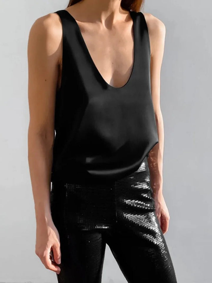 Satin Tank Top – Women's Plunging U-Neck Sleeveless Relaxed Fit
