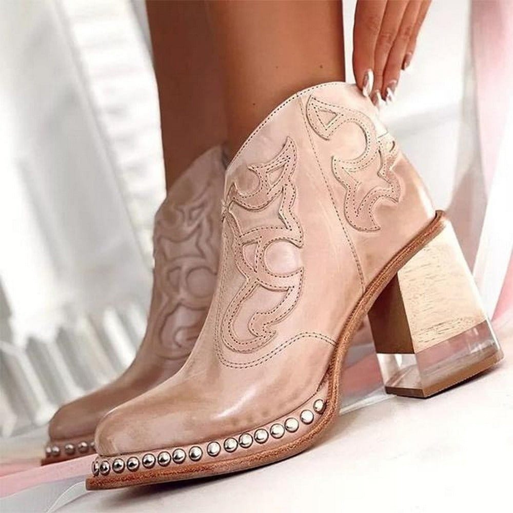 Western Ankle Boots Women – Studded Block Heel Embroidered