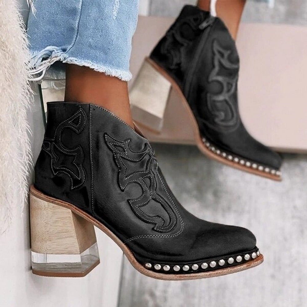 Western Ankle Boots Women – Studded Block Heel Embroidered