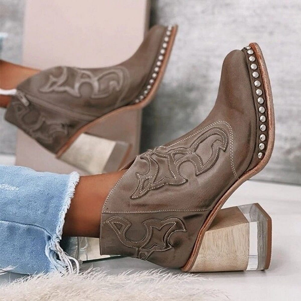 Western Ankle Boots Women – Studded Block Heel Embroidered