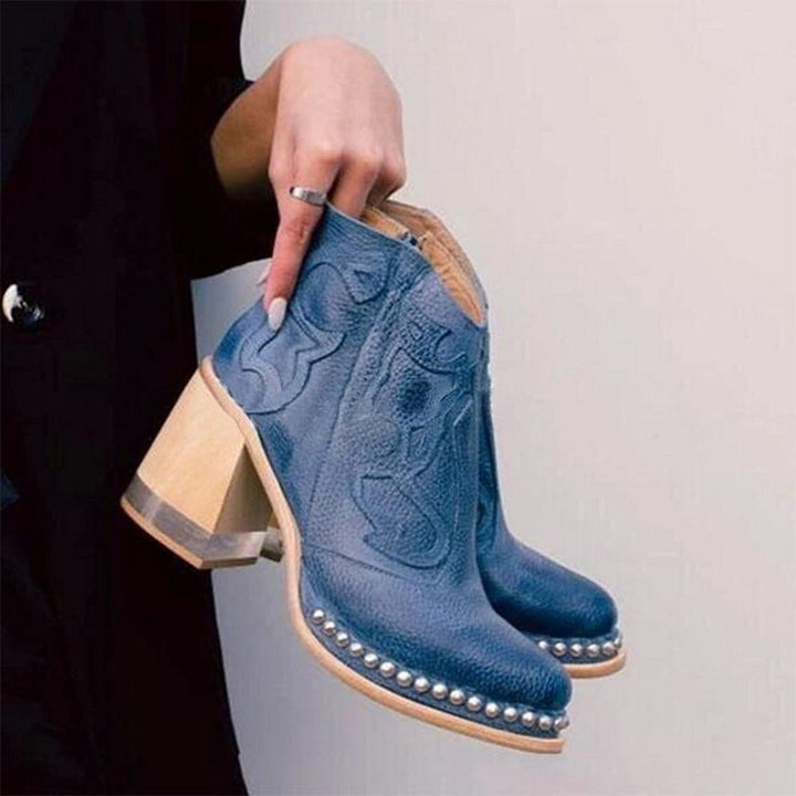 Western Ankle Boots Women – Studded Block Heel Embroidered