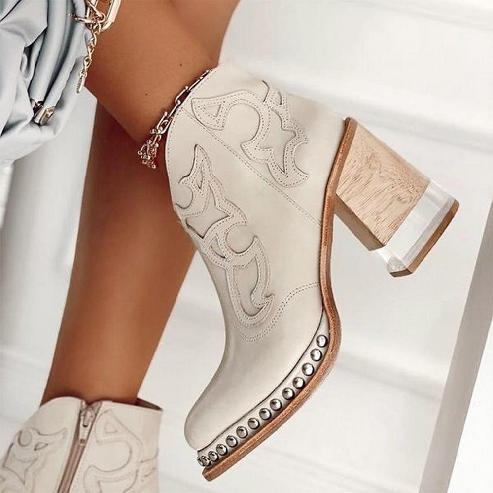 Western Ankle Boots Women – Studded Block Heel Embroidered