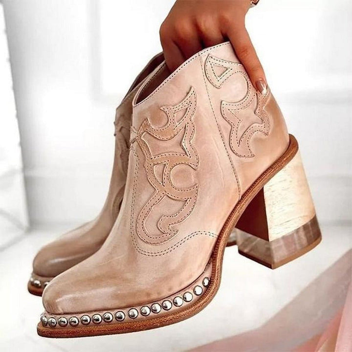 Western Ankle Boots Women – Studded Block Heel Embroidered