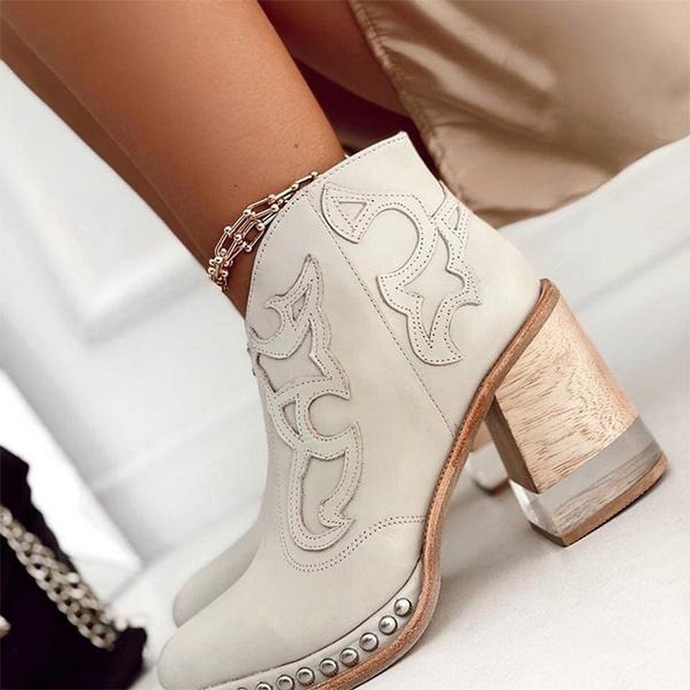Western Ankle Boots Women – Studded Block Heel Embroidered