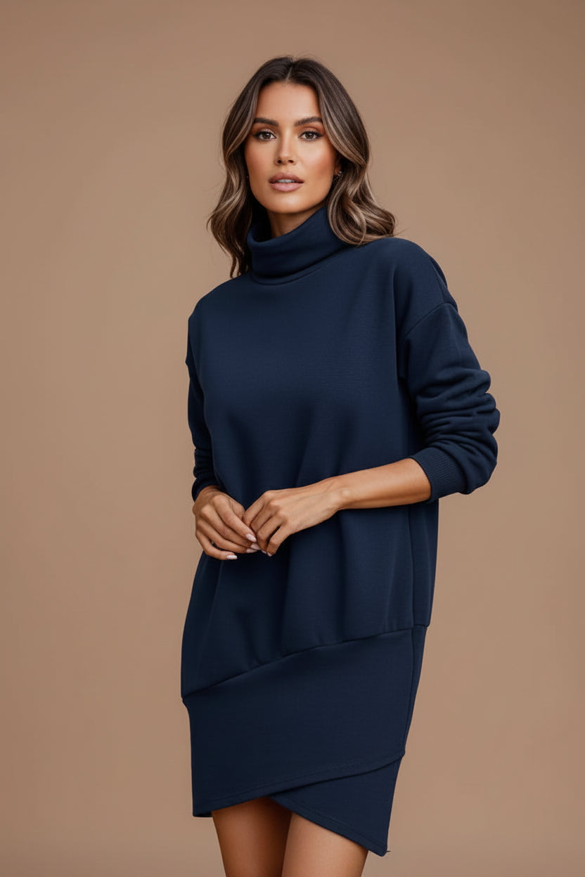 High Neck Long Sleeve Mini Dress – Asymmetric Zip Detail