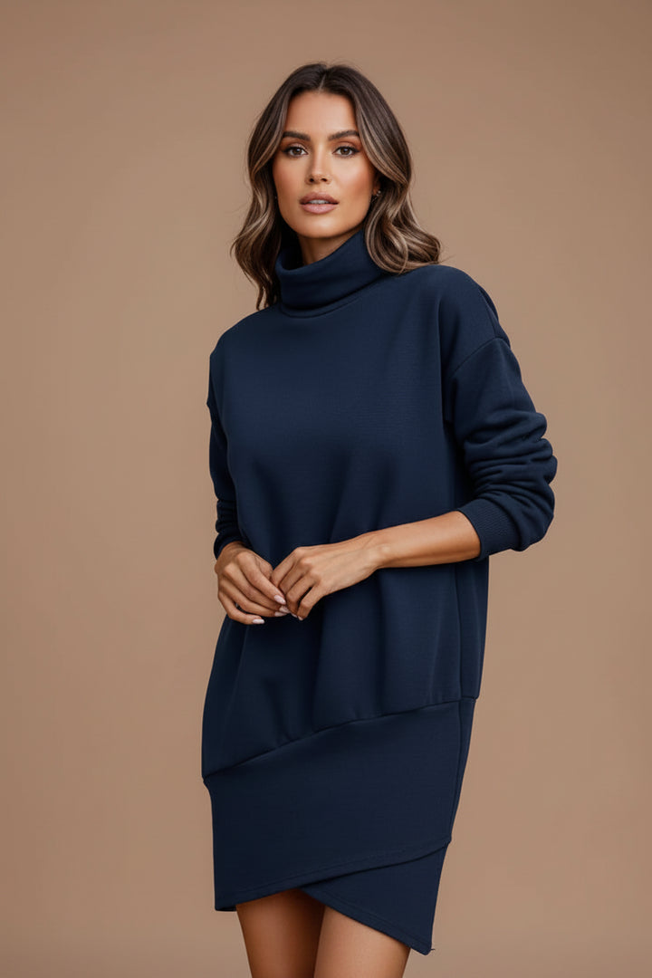 High Neck Long Sleeve Mini Dress – Asymmetric Zip Detail