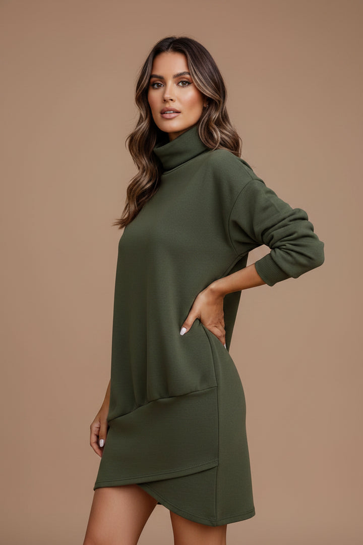 High Neck Long Sleeve Mini Dress – Asymmetric Zip Detail