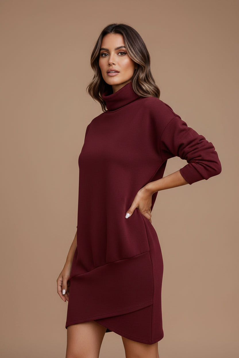 High Neck Long Sleeve Mini Dress – Asymmetric Zip Detail