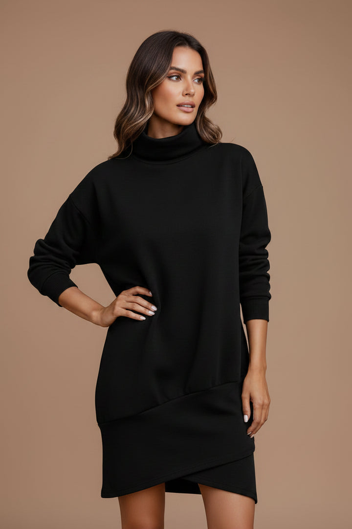 High Neck Long Sleeve Mini Dress – Asymmetric Zip Detail