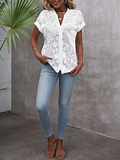 Women's Embroidered Lace Blouse – V-Neck Button-Front