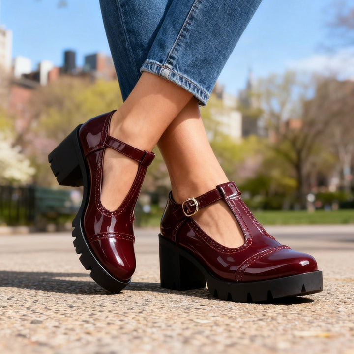 Women's T-Strap Brogue Mary Jane – Block Heel Platform