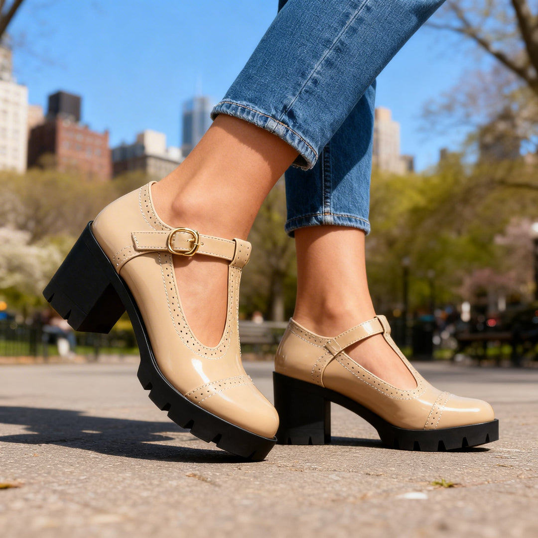 Women's T-Strap Brogue Mary Jane – Block Heel Platform
