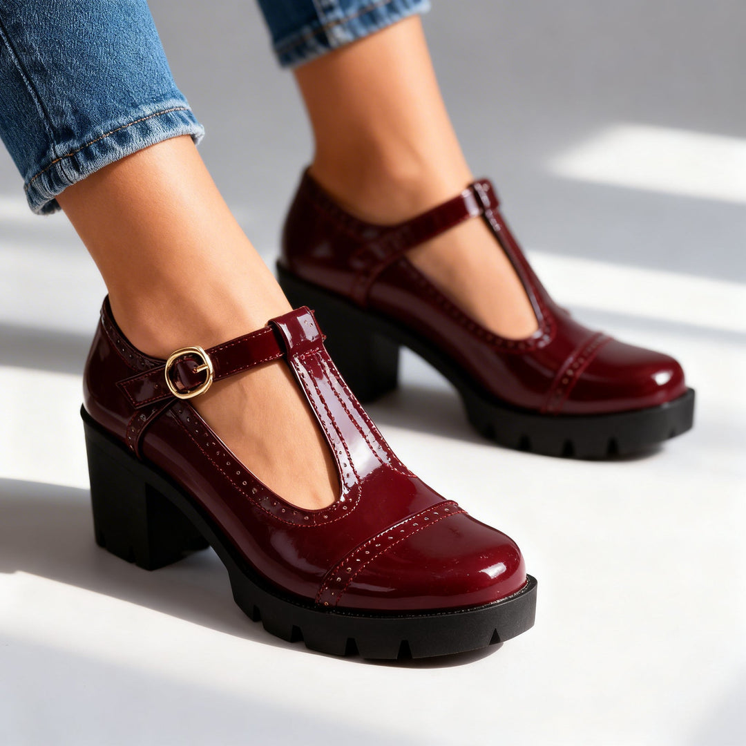 Women's T-Strap Brogue Mary Jane – Block Heel Platform