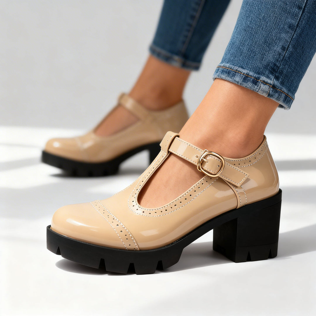 Women's T-Strap Brogue Mary Jane – Block Heel Platform