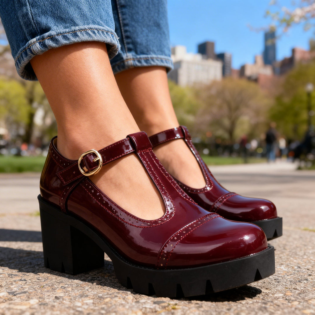 Women's T-Strap Brogue Mary Jane – Block Heel Platform
